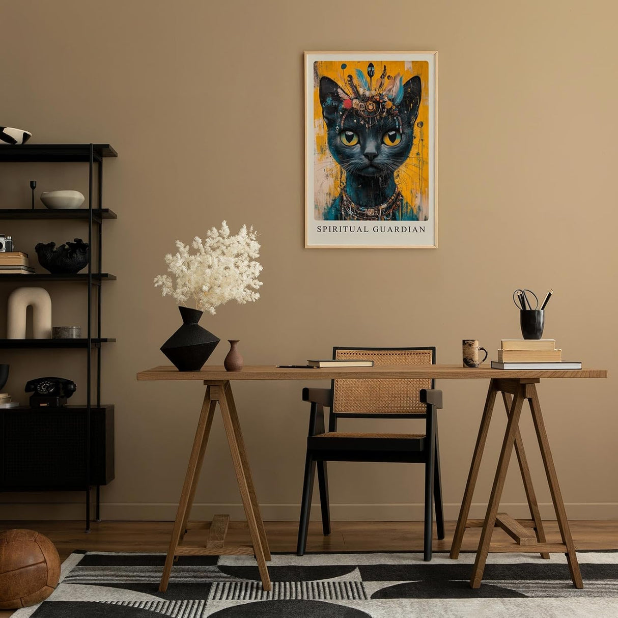 Paul Sinus Leinwandbild 80x120cm Spiritual Guardian mystische schwarze Katze spirituell faszinierend Symbolik kraftvolle Farben goldene Augen
