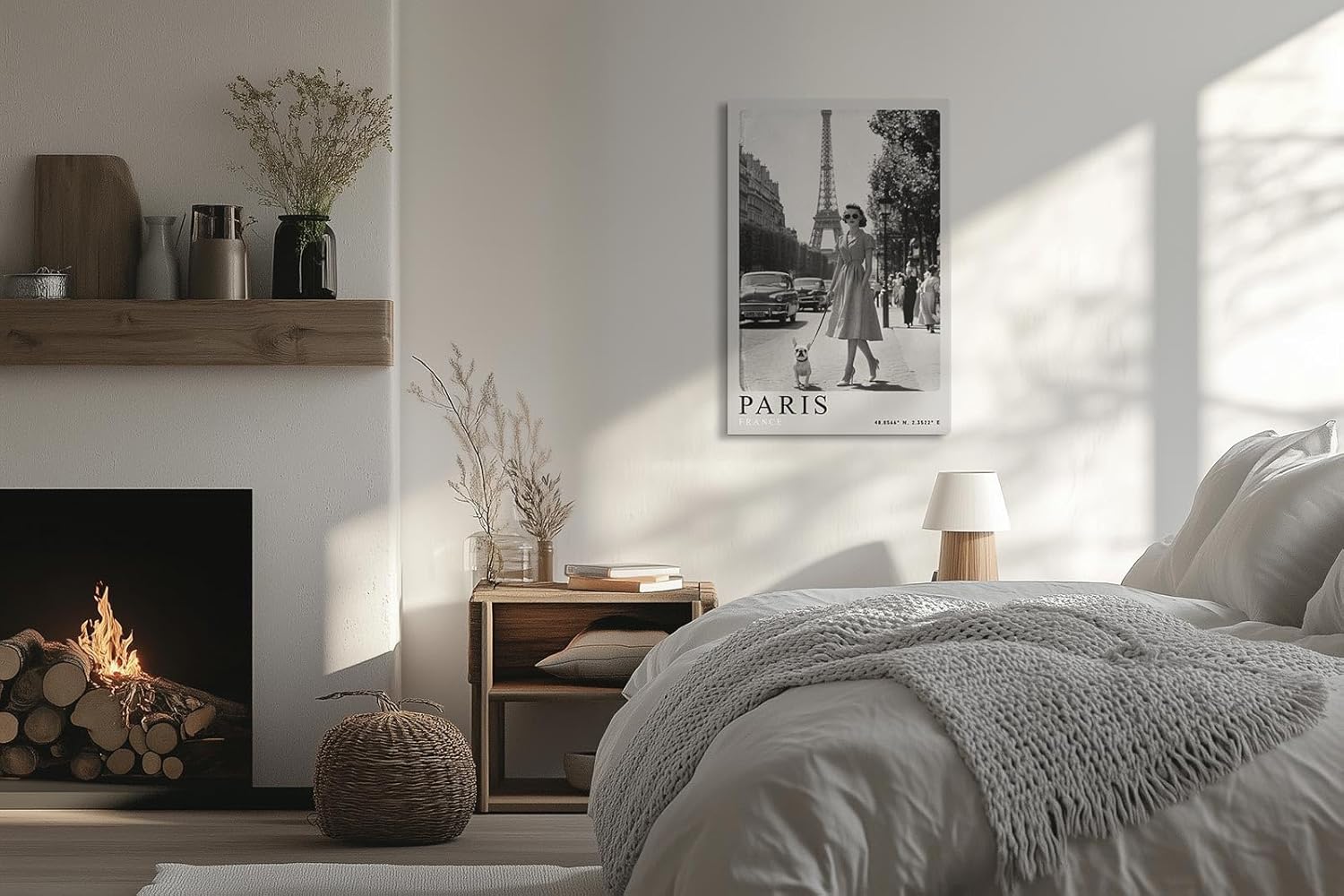 Paul Sinus Leinwandbild 80x120cm stilvolle Vintage-Fotografie einer eleganten Frau mit Hund vor dem Eiffelturm in Paris, zeitlose Schwarz-Weiß-Kunst