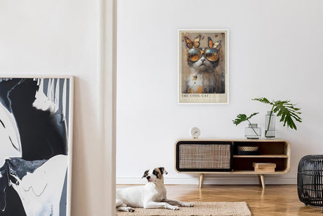 Paul Sinus Leinwandbild 80x120cm The Cool Cat Leinwandbild stilvolle Katze mit goldener Sonnenbrille und Schmetterlingen kreative Kunst mit Vintage-Ästhetik