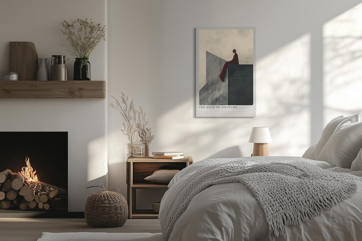 Paul Sinus Leinwandbild 60x90cm The Edge of Solitude – Minimalistische Kunst, abstrakte Silhouette auf geometrischer Architektur, tiefrote Drapierung