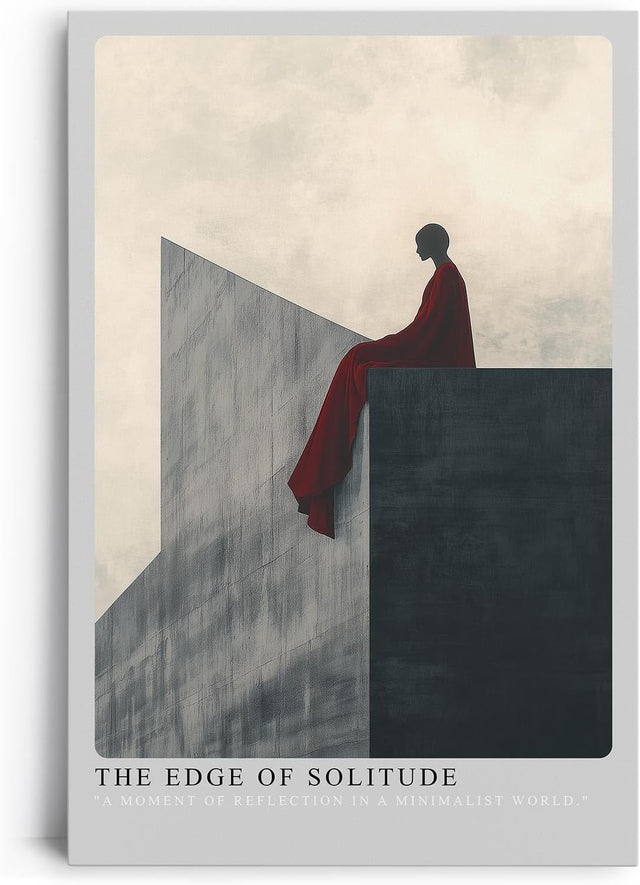 Paul Sinus Leinwandbild 60x90cm The Edge of Solitude – Minimalistische Kunst, abstrakte Silhouette auf geometrischer Architektur, tiefrote Drapierung