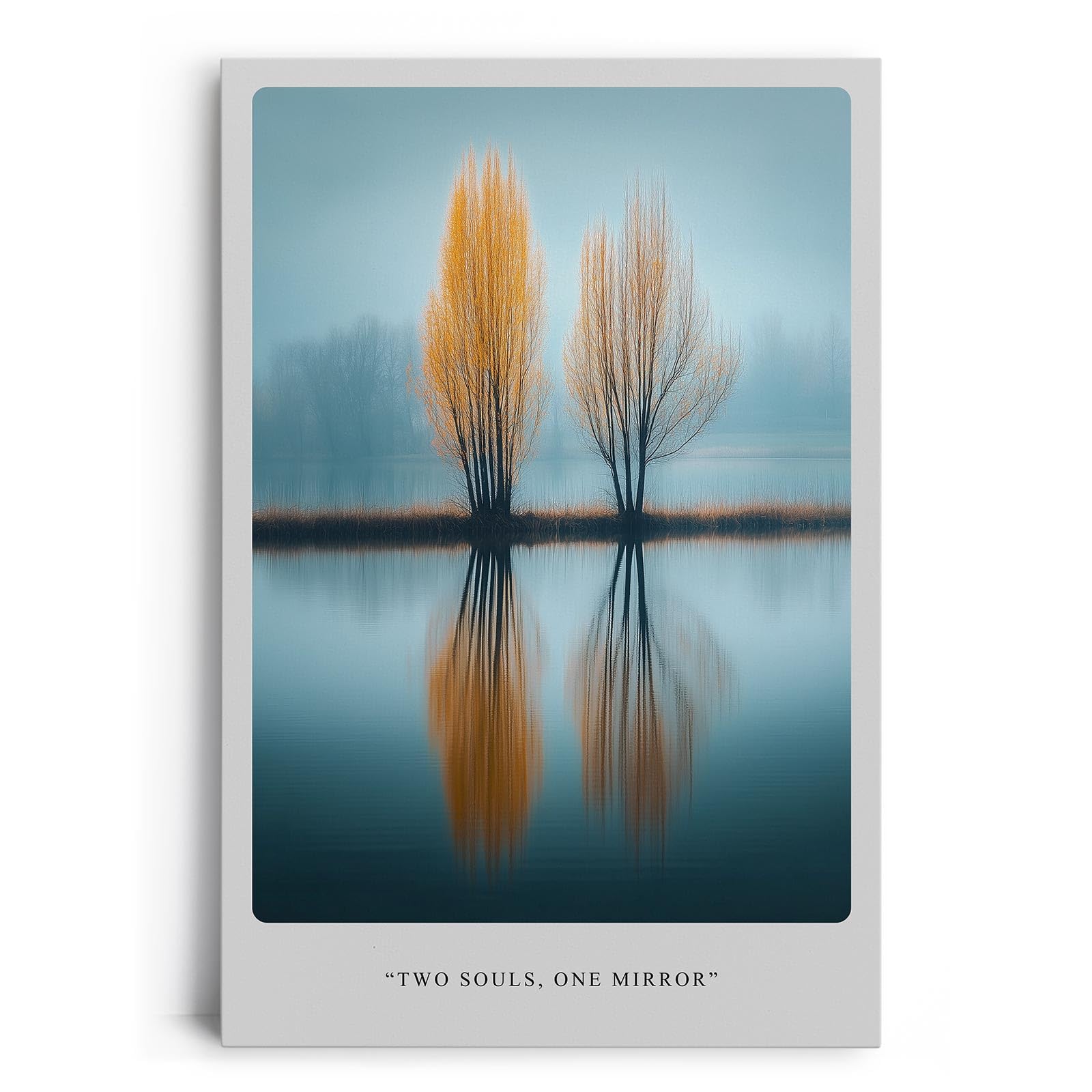 Paul Sinus Leinwandbild 40x60cm Two Souls One Mirror – Natur, Reflexion, Wasser, Bäume, Herbst, Spiegelung, Harmonie, Ruhe, Blau, Orange, Minimalismus