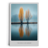 Paul Sinus Leinwandbild 40x60cm Two Souls One Mirror – Natur, Reflexion, Wasser, Bäume, Herbst, Spiegelung, Harmonie, Ruhe, Blau, Orange, Minimalismus