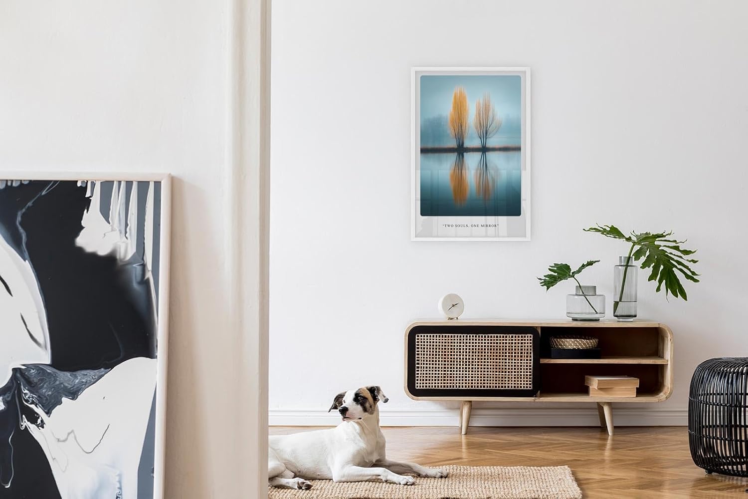 Paul Sinus Leinwandbild 40x60cm Two Souls One Mirror – Natur, Reflexion, Wasser, Bäume, Herbst, Spiegelung, Harmonie, Ruhe, Blau, Orange, Minimalismus