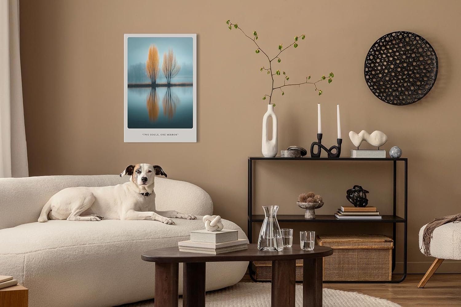 Paul Sinus Leinwandbild 40x60cm Two Souls One Mirror – Natur, Reflexion, Wasser, Bäume, Herbst, Spiegelung, Harmonie, Ruhe, Blau, Orange, Minimalismus