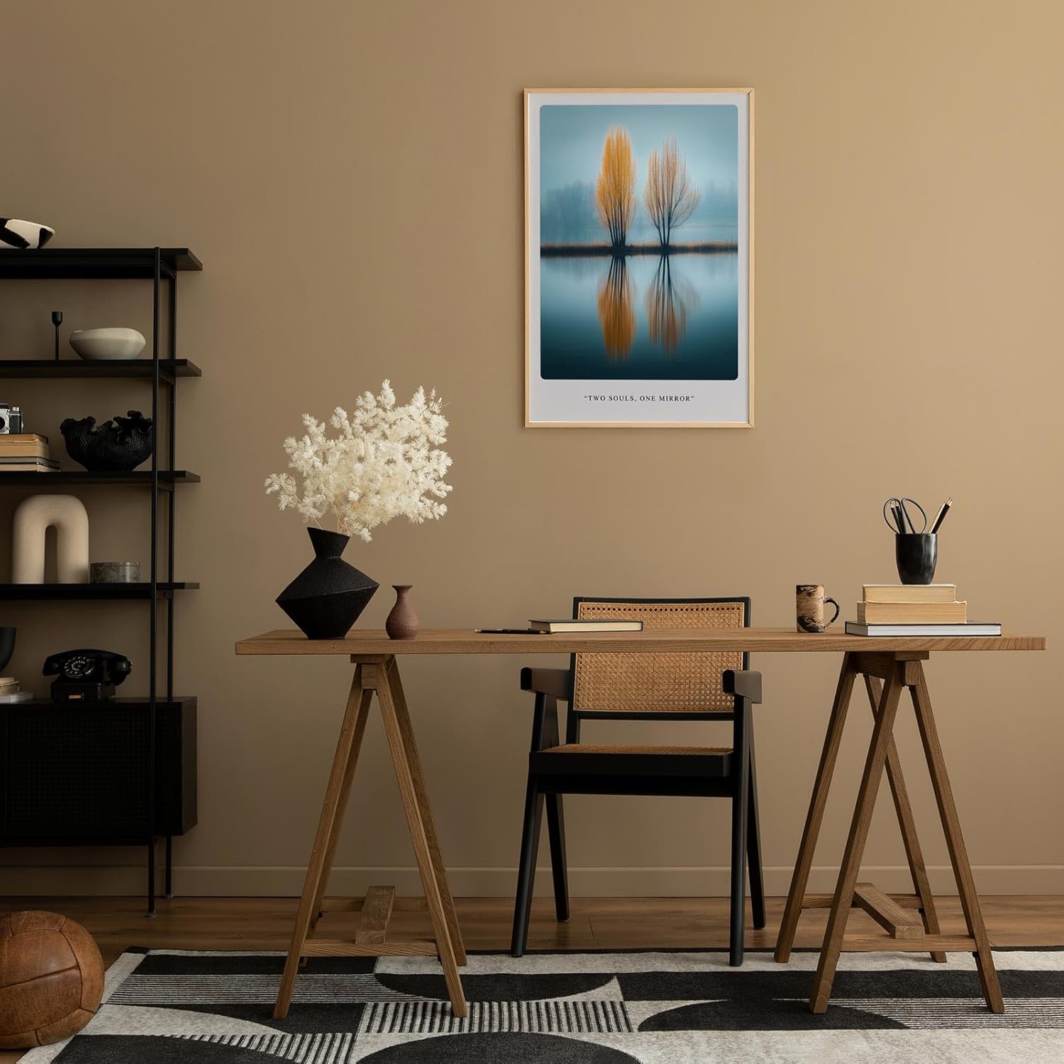 Paul Sinus Leinwandbild 40x60cm Two Souls One Mirror – Natur, Reflexion, Wasser, Bäume, Herbst, Spiegelung, Harmonie, Ruhe, Blau, Orange, Minimalismus