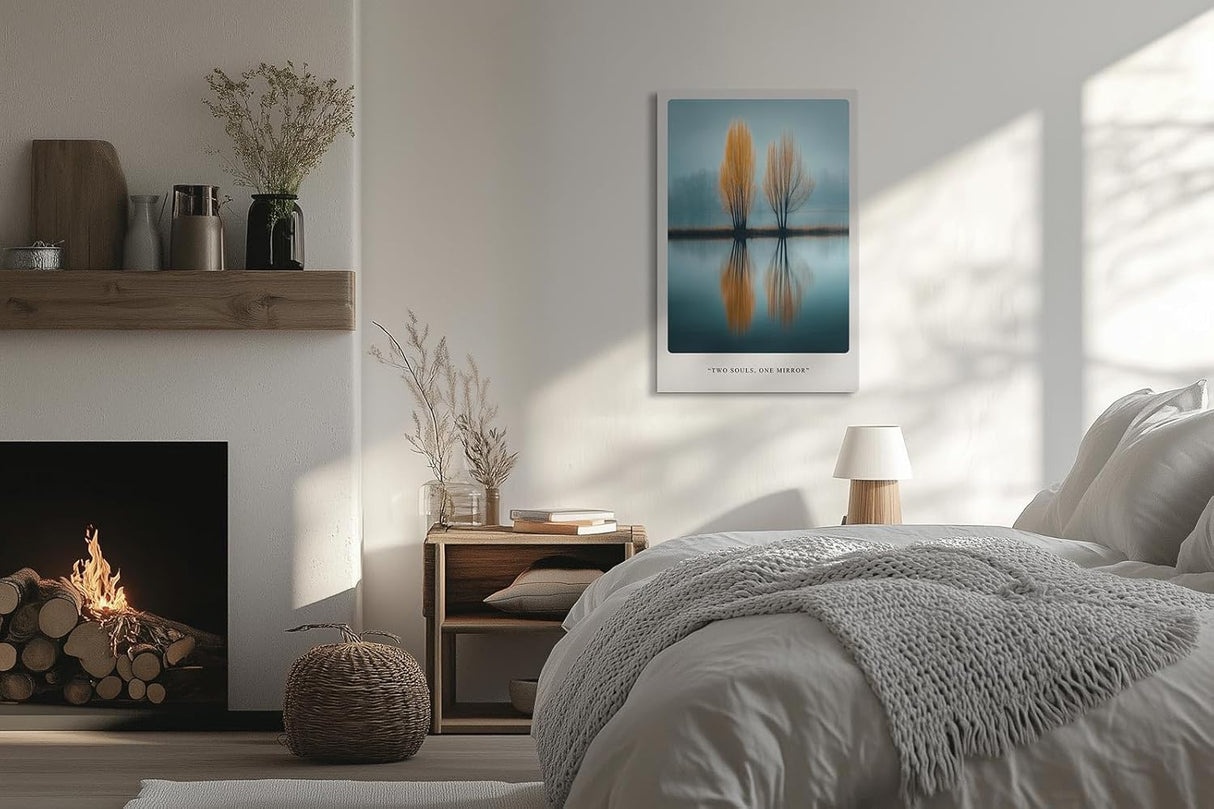 Paul Sinus Leinwandbild 40x60cm Two Souls One Mirror – Natur, Reflexion, Wasser, Bäume, Herbst, Spiegelung, Harmonie, Ruhe, Blau, Orange, Minimalismus