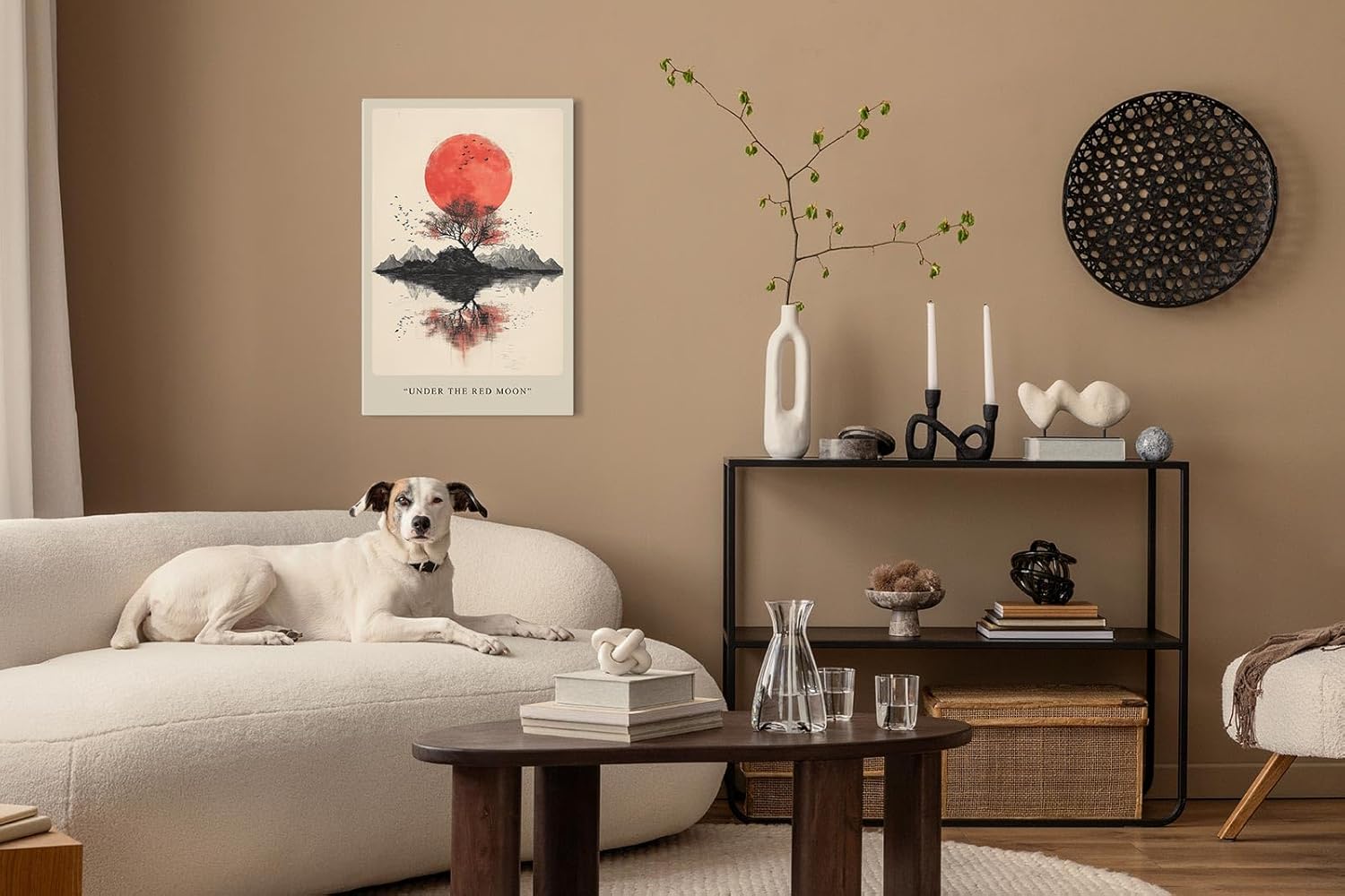 Paul Sinus Leinwandbild 40x60cm Under the Red Moon – Japan, Mond, Minimalismus, Natur, Kunst, Ruhe, Meditation, Ästhetik, Symbolik, Balance