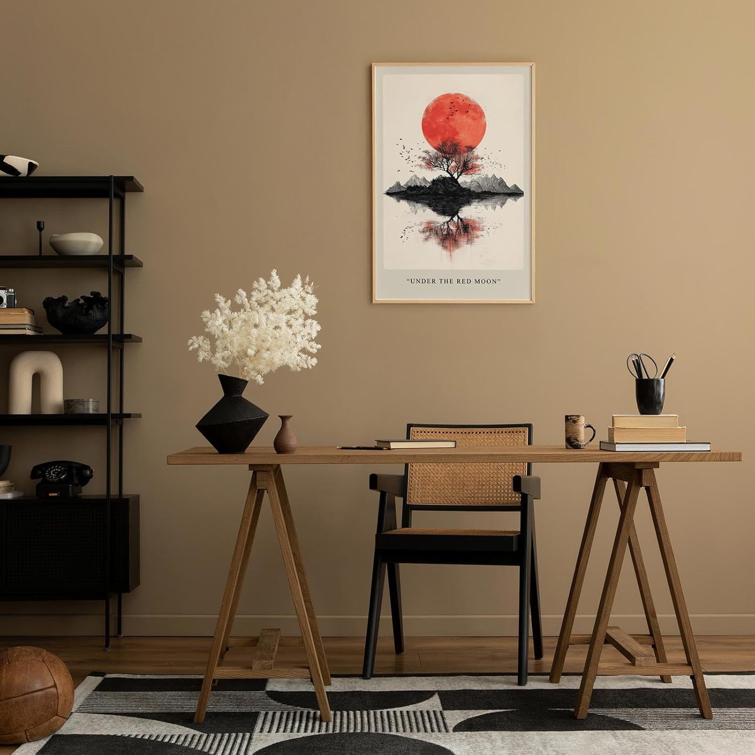 Paul Sinus Leinwandbild 40x60cm Under the Red Moon – Japan, Mond, Minimalismus, Natur, Kunst, Ruhe, Meditation, Ästhetik, Symbolik, Balance