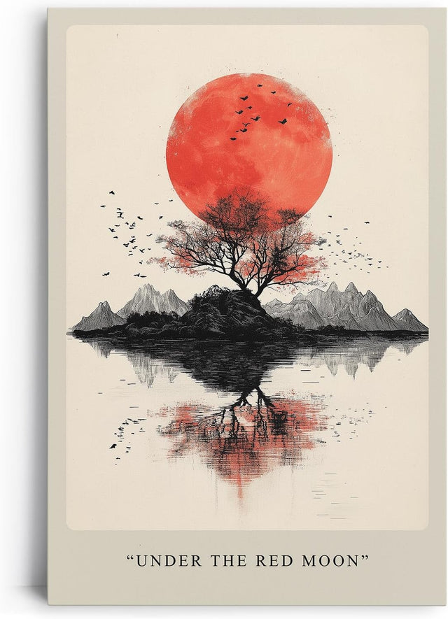 Paul Sinus Leinwandbild 40x60cm Under the Red Moon – Japan, Mond, Minimalismus, Natur, Kunst, Ruhe, Meditation, Ästhetik, Symbolik, Balance