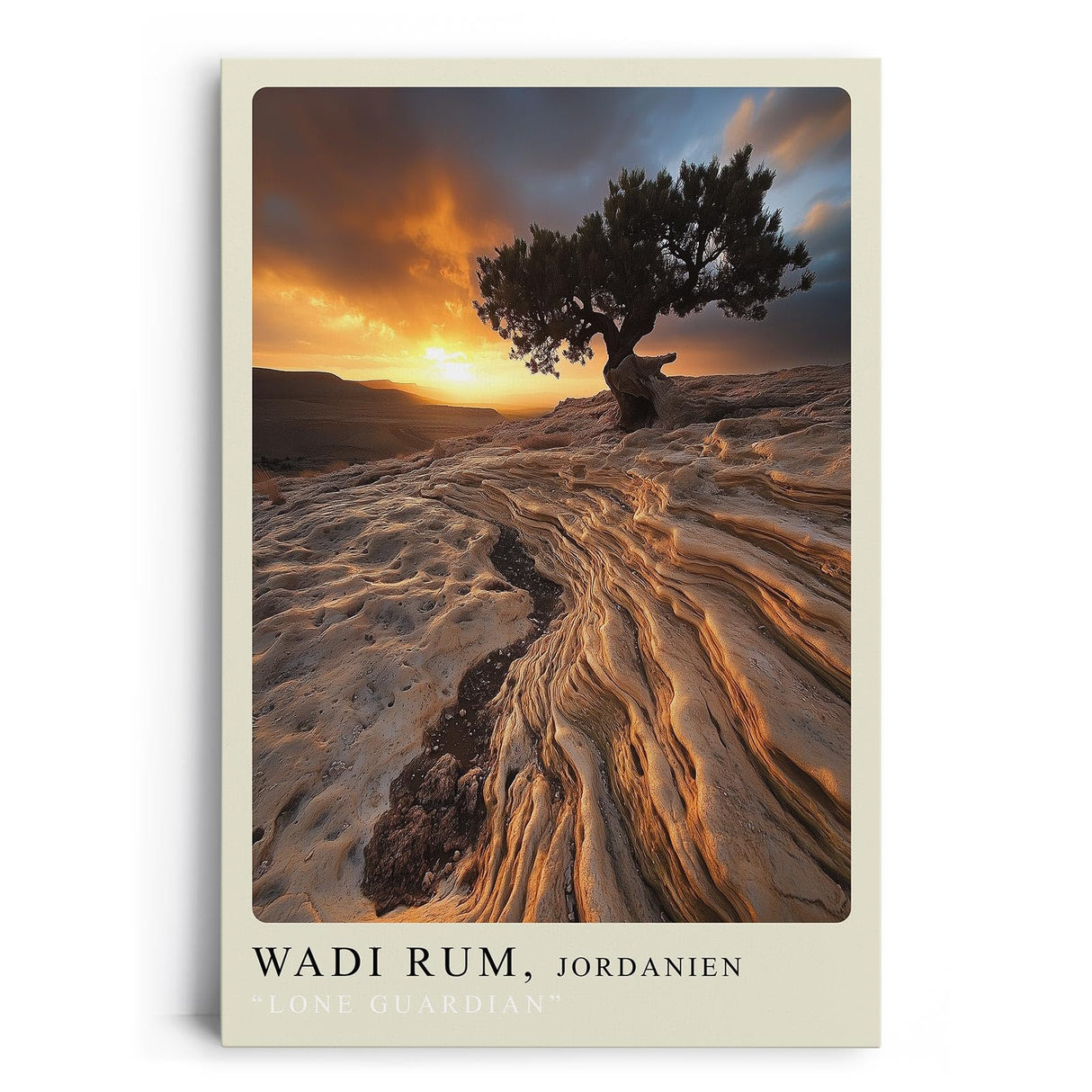 Paul Sinus Leinwandbild 80x120cm Wadi Rum Einsamer Wächter – Mystische Wüstenlandschaft mit Baum und dramatischem Sonnenuntergang in Jordanien, Natur