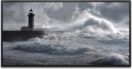 Leuchtturm in Portugal ca. 130x70cm Wandbild inklusive Schattenfugenrahmen schwarz - Panorama Leinwand Bild XXL Format Wandbilder Wohnzimmer Wohnung Deko Kunstdrucke