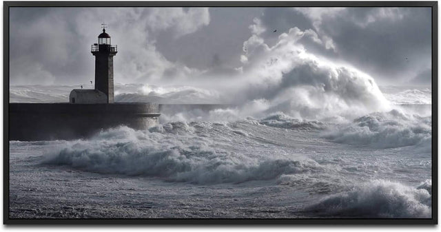 Leuchtturm in Portugal ca. 130x70cm Wandbild inklusive Schattenfugenrahmen schwarz - Panorama Leinwand Bild XXL Format Wandbilder Wohnzimmer Wohnung Deko Kunstdrucke