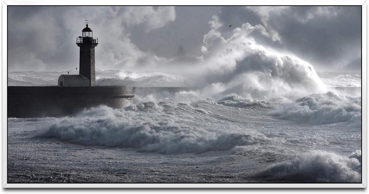 Leuchtturm in Portugal ca. 130x70cm Wandbild inklusive Schattenfugenrahmen weiss - Panorama Leinwand Bild XXL Format Wandbilder Wohnzimmer Wohnung Deko Kunstdrucke