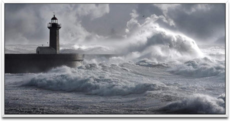 Leuchtturm in Portugal ca. 130x70cm Wandbild inklusive Schattenfugenrahmen weiss - Panorama Leinwand Bild XXL Format Wandbilder Wohnzimmer Wohnung Deko Kunstdrucke