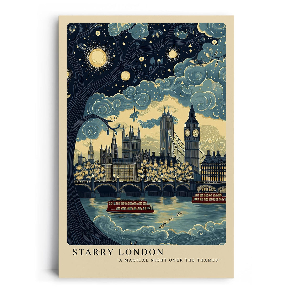 Paul Sinus Leinwandbild 40x60cm London Nachttraum Big Ben kunstvoll romantisch verträumt blau gold Lichter Stadt Zauber modern elegant