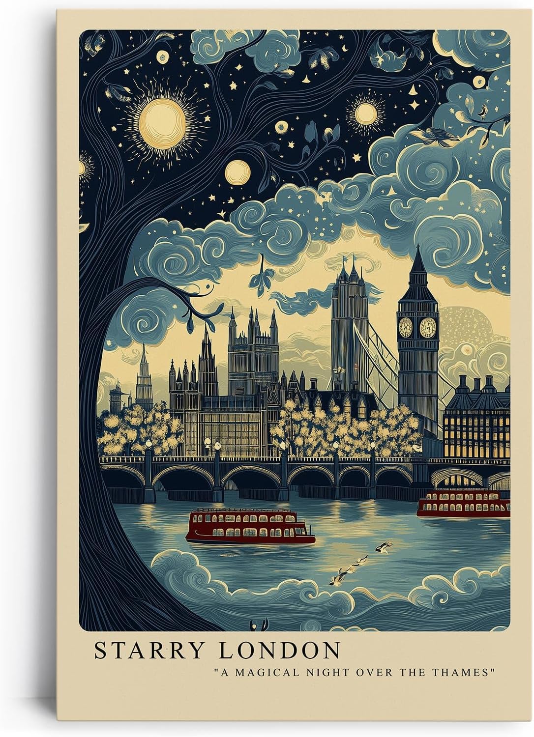 Paul Sinus Leinwandbild 40x60cm London Nachttraum Big Ben kunstvoll romantisch verträumt blau gold Lichter Stadt Zauber modern elegant