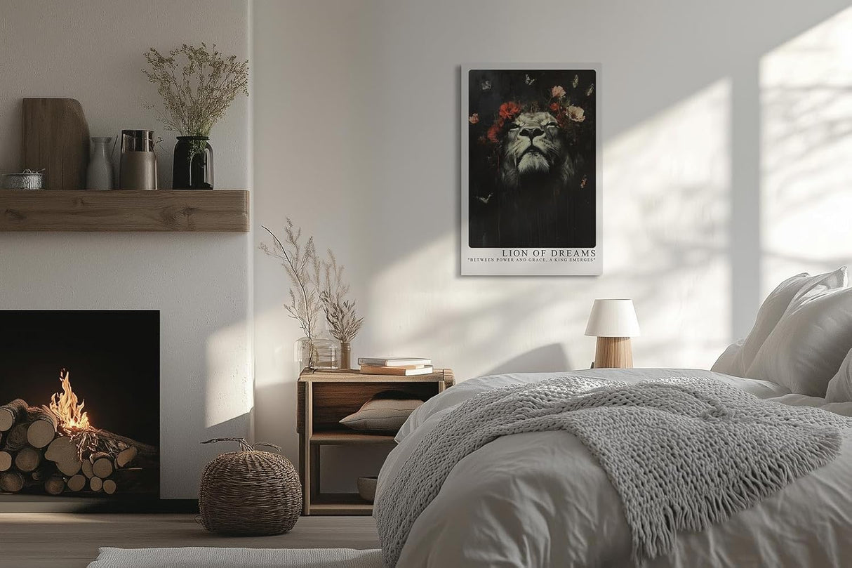 Paul Sinus Leinwandbild 80x120cm Löwe der Träume – Ausdrucksstarkes Tierporträt mit floralen Akzenten, Schmetterlingen und majestätischer Symbolik