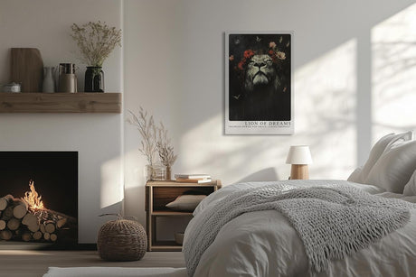 Paul Sinus Leinwandbild 80x120cm Löwe der Träume – Ausdrucksstarkes Tierporträt mit floralen Akzenten, Schmetterlingen und majestätischer Symbolik