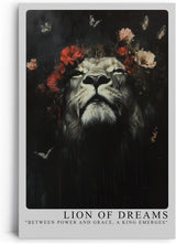 Paul Sinus Leinwandbild 80x120cm Löwe der Träume – Ausdrucksstarkes Tierporträt mit floralen Akzenten, Schmetterlingen und majestätischer Symbolik