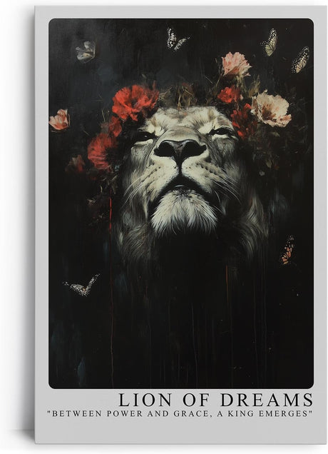 Paul Sinus Leinwandbild 80x120cm Löwe der Träume – Ausdrucksstarkes Tierporträt mit floralen Akzenten, Schmetterlingen und majestätischer Symbolik