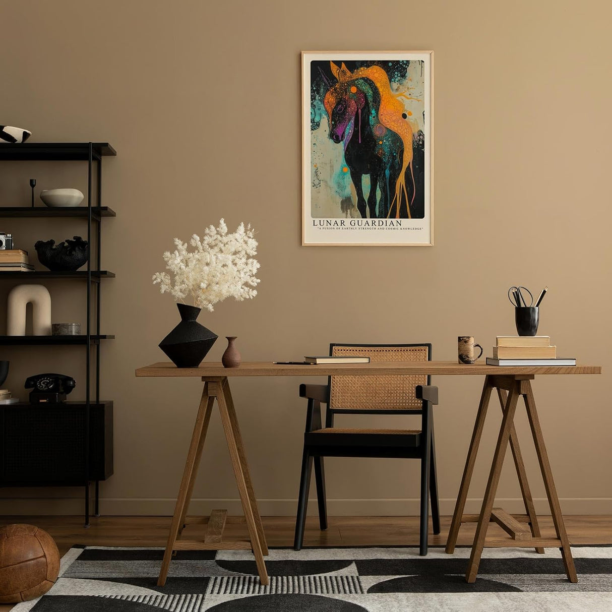Paul Sinus Leinwandbild 60x90cm Lunare Wache – Mystisches Pferdeporträt mit galaktischen Strukturen und leuchtender Farbexplosion