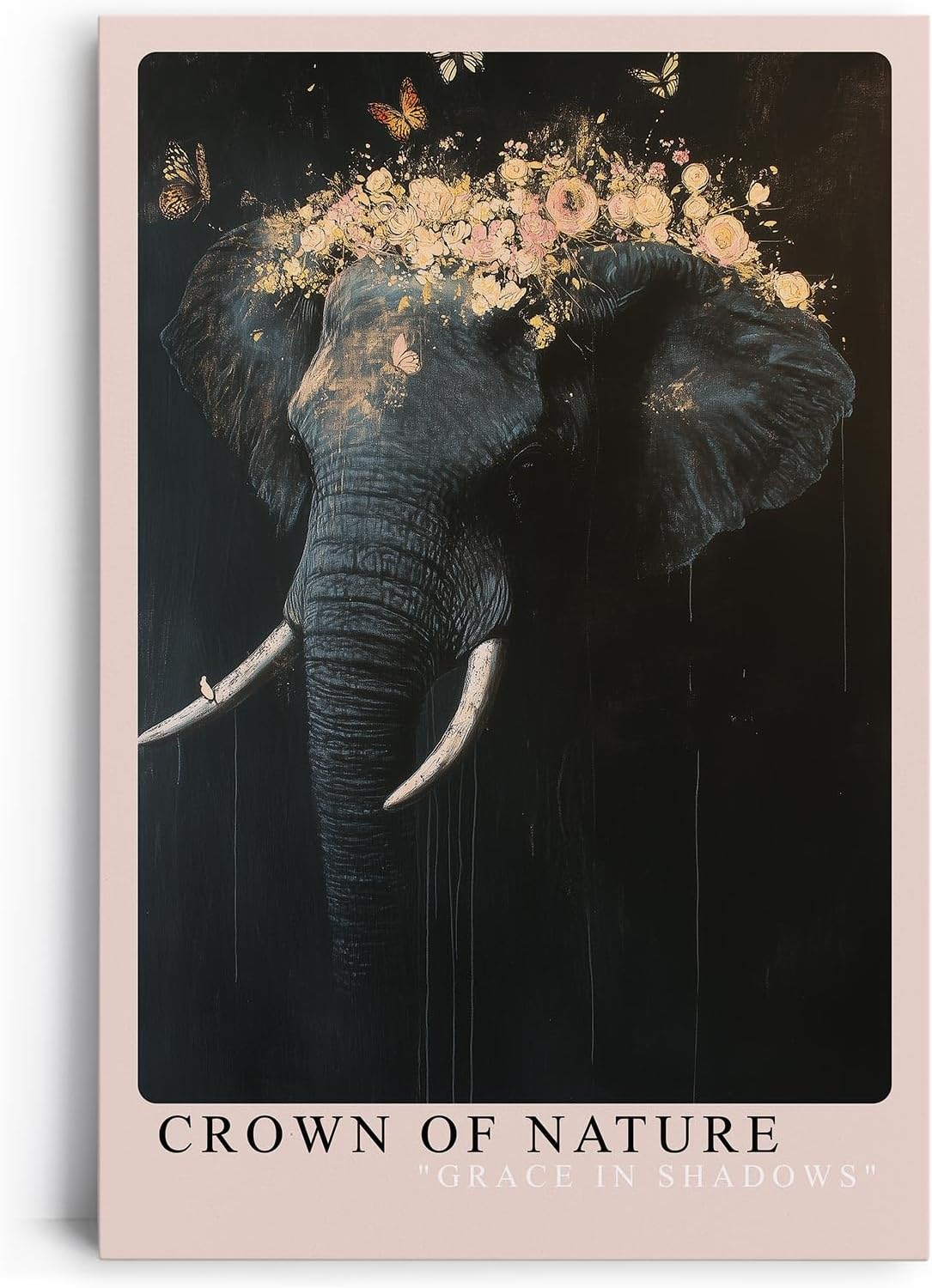 Paul Sinus Leinwandbild 80x120cm majestätischer Elefant mit floraler Krone und Schmetterlingen, eindrucksvolle Wandkunst in dunkler Ästhetik