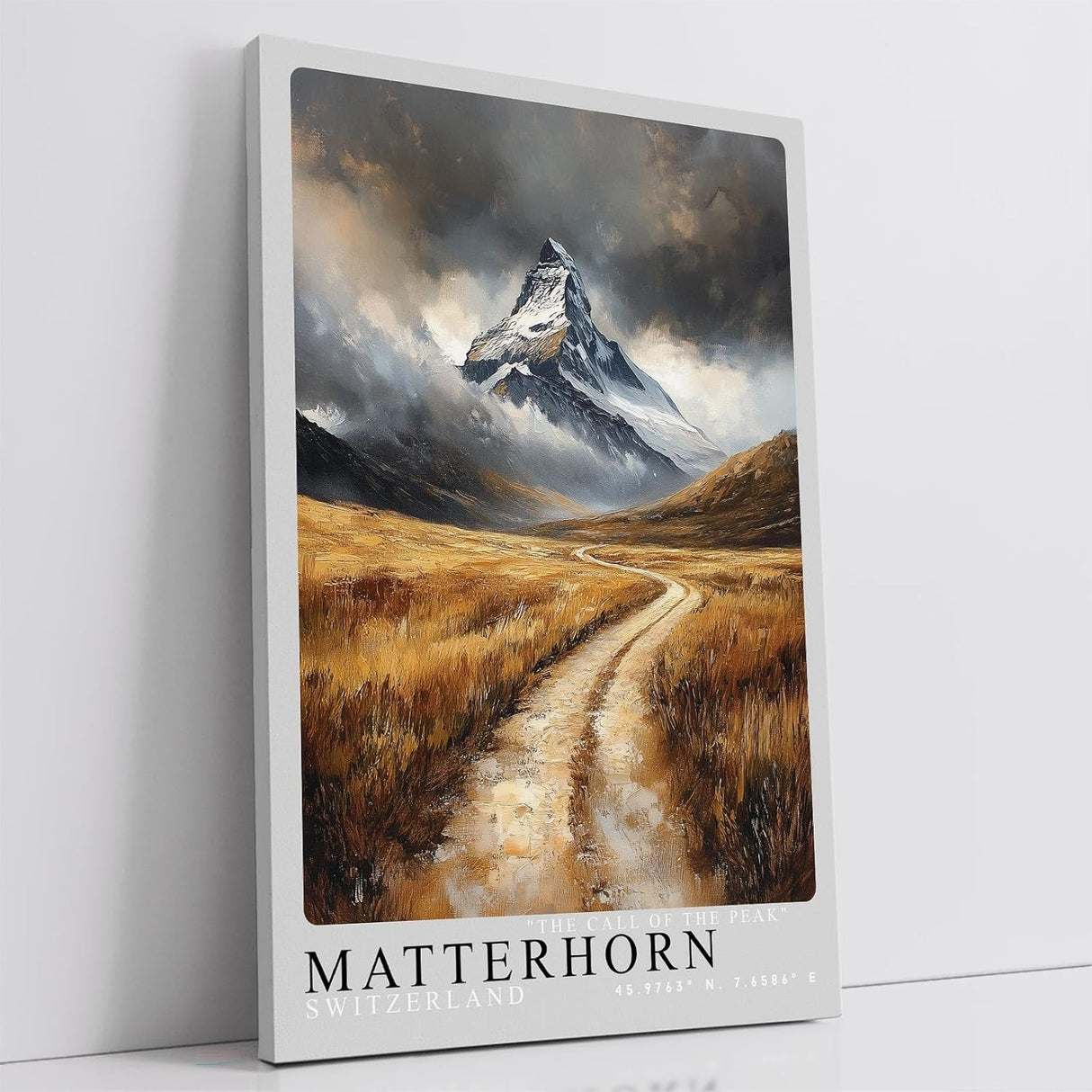 Paul Sinus Leinwandbild 60x90cm Matterhorn – Majestätische Berglandschaft mit dramatischem Himmel, goldenen Wiesen und mystischer Atmosphäre