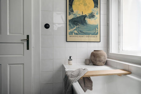 Paul Sinus Leinwandbild 80x120cm Moonlight Odyssey – Mystische Mondszene mit einsamer Silhouette auf einer Welle, umgeben von stürmischem Meer