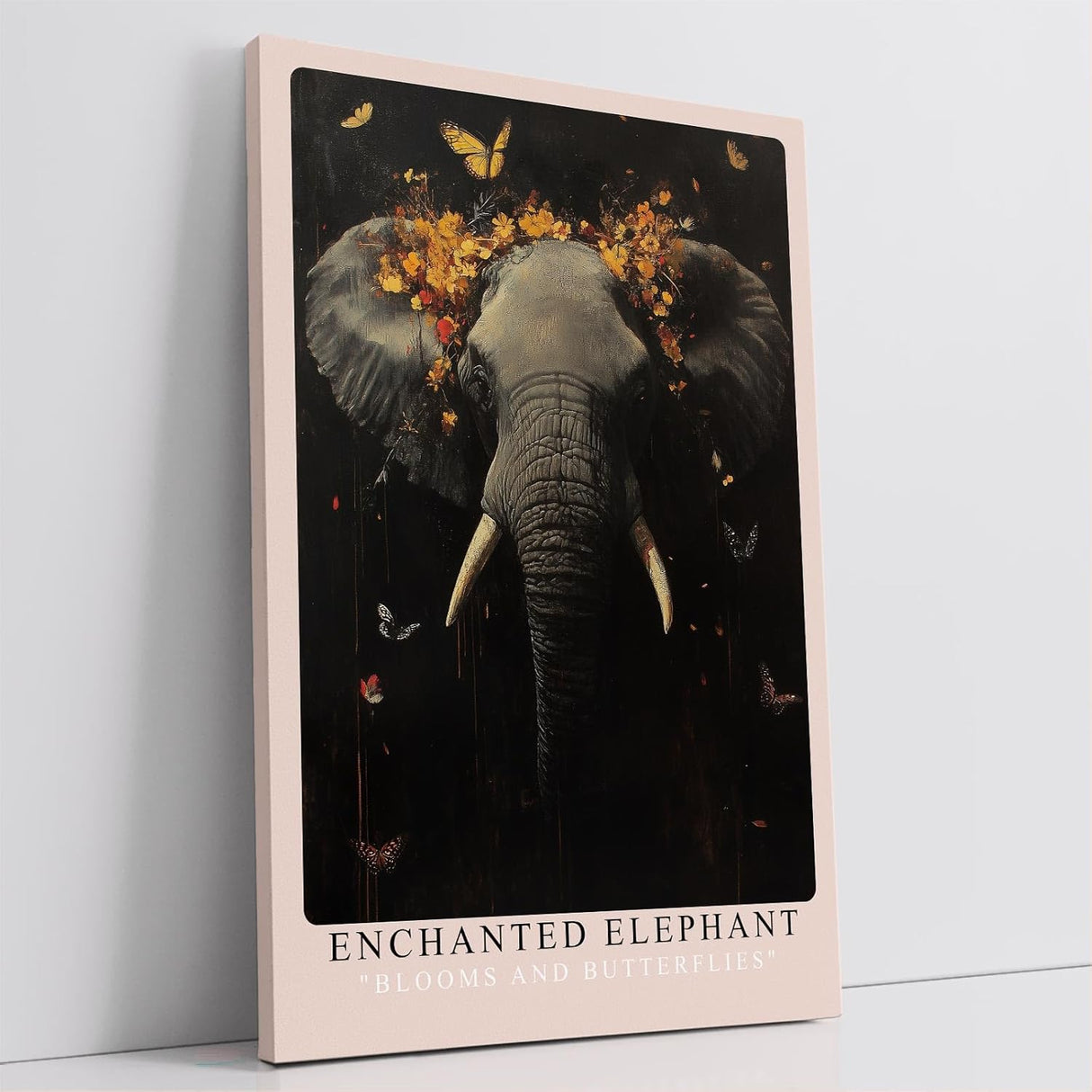 Paul Sinus Leinwandbild 60x90cm mystischer Elefant mit floraler Krone und Schmetterlingen, ausdrucksstarke Wandkunst in dunklen Tönen