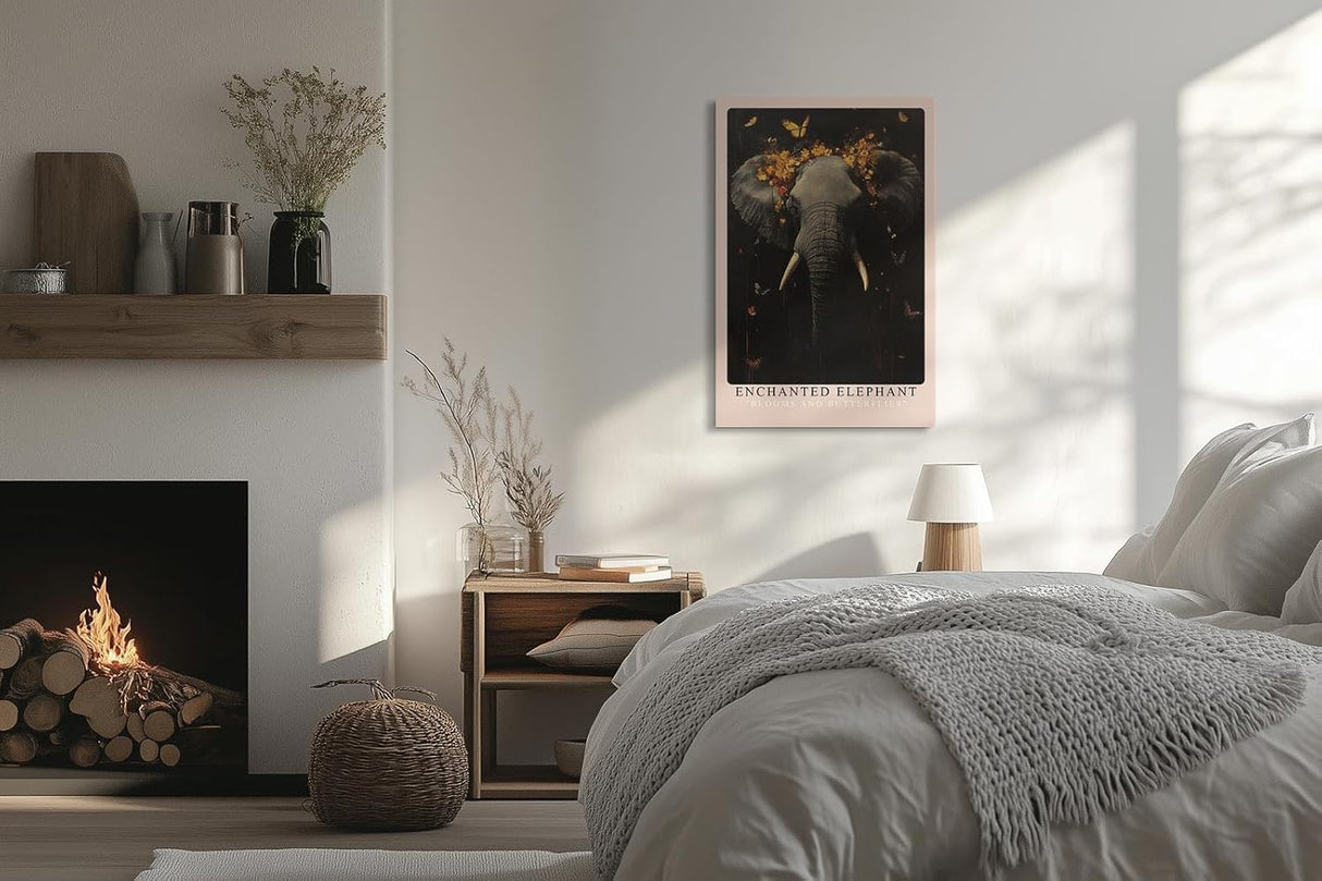 Paul Sinus Leinwandbild 60x90cm mystischer Elefant mit floraler Krone und Schmetterlingen, ausdrucksstarke Wandkunst in dunklen Tönen