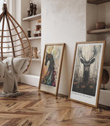 Paul Sinus Leinwandbild 60x90cm mystisches Hirschporträt mit dunkler Waldfantasie, ausdrucksstarke Wandkunst in erdigen Tönen