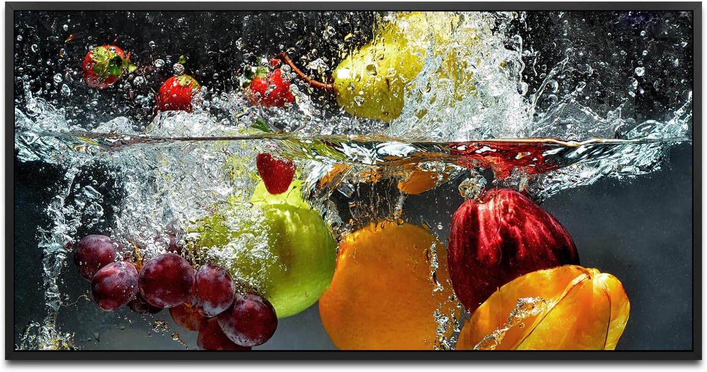 Obst und Gemüse in Wasser ca. 130x70cm Wandbild inklusive Schattenfugenrahmen schwarz - Panorama Leinwand Bild XXL Format Wandbilder Wohnzimmer Wohnung Deko Kunstdrucke