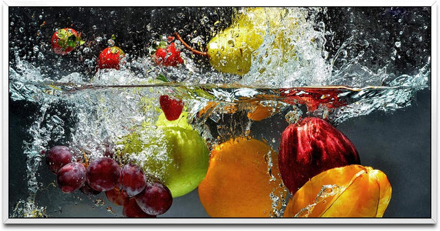 Obst und Gemüse in Wasser ca. 130x70cm Wandbild inklusive Schattenfugenrahmen weiss - Panorama Leinwand Bild XXL Format Wandbilder Wohnzimmer Wohnung Deko Kunstdrucke