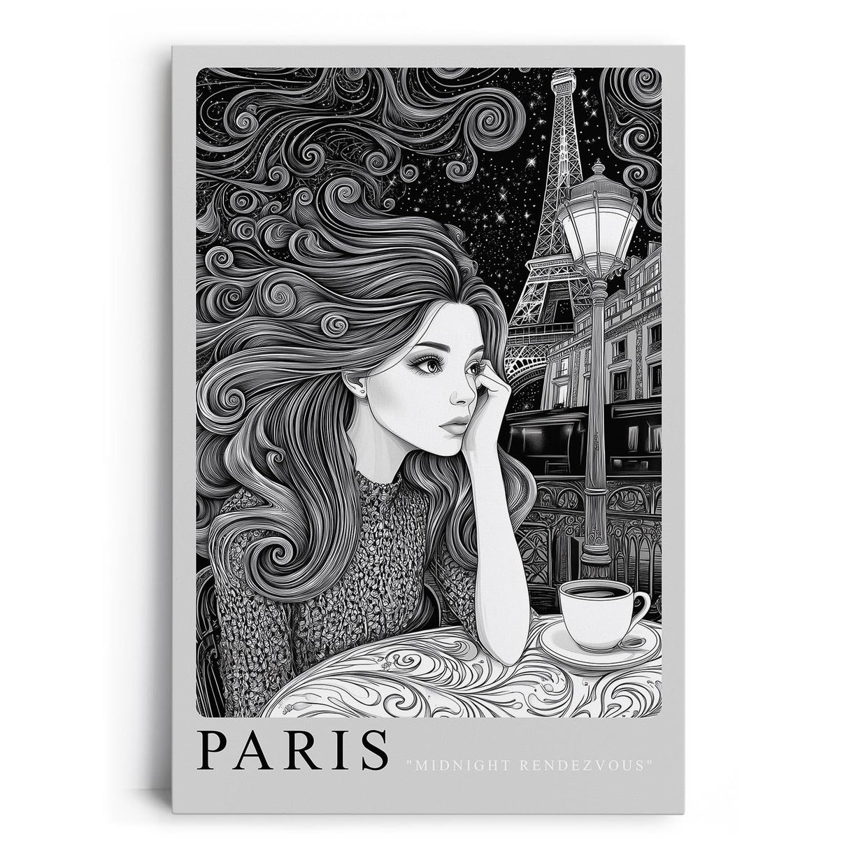 Paul Sinus Leinwandbild 40x60cm Paris Midnight Rendezvous Leinwandbild stilvolle Schwarz-Weiß-Kunst mit nachdenklicher Frau und Eiffelturm