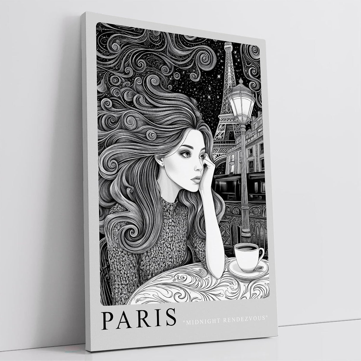 Paul Sinus Leinwandbild 40x60cm Paris Midnight Rendezvous Leinwandbild stilvolle Schwarz-Weiß-Kunst mit nachdenklicher Frau und Eiffelturm