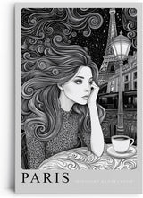 Paul Sinus Leinwandbild 40x60cm Paris Midnight Rendezvous Leinwandbild stilvolle Schwarz-Weiß-Kunst mit nachdenklicher Frau und Eiffelturm