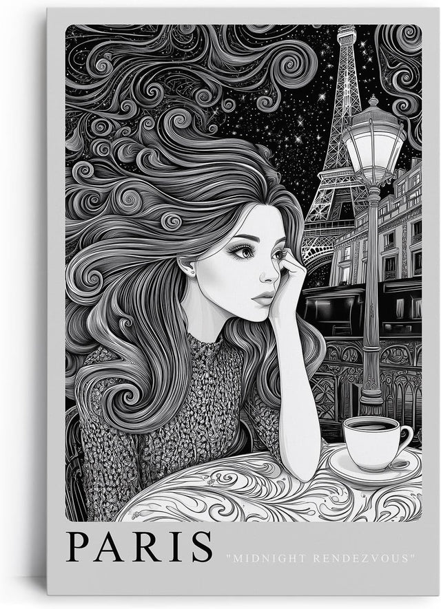 Paul Sinus Leinwandbild 40x60cm Paris Midnight Rendezvous Leinwandbild stilvolle Schwarz-Weiß-Kunst mit nachdenklicher Frau und Eiffelturm