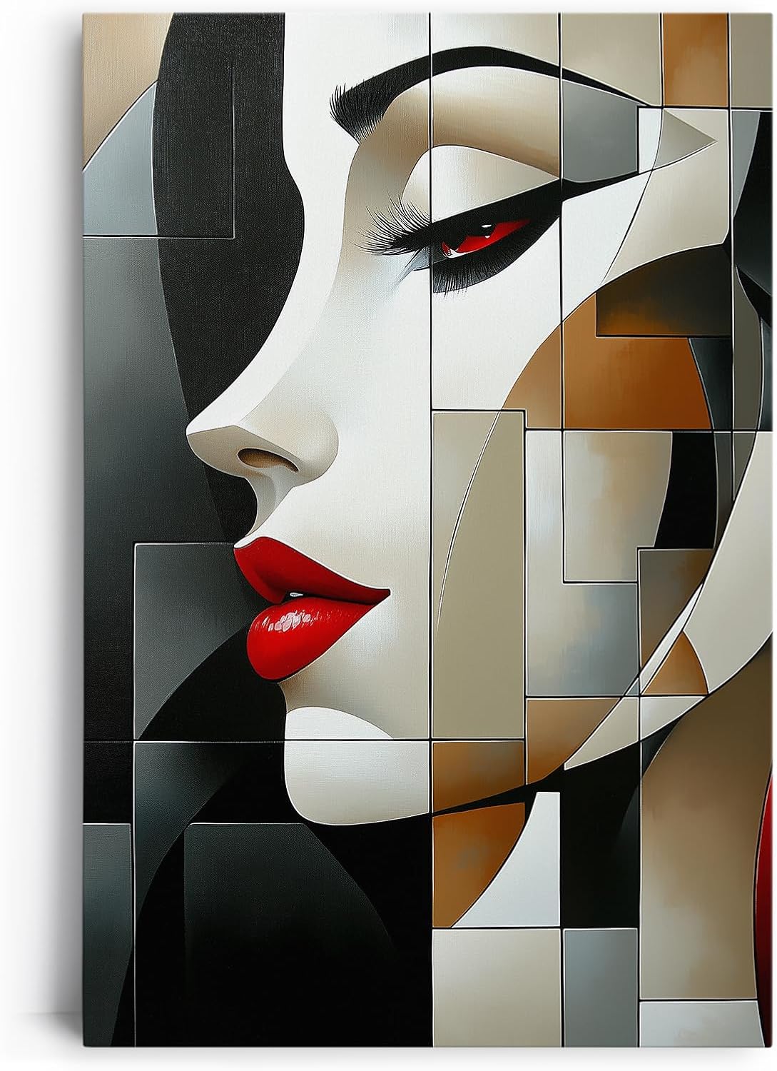 Paul Sinus 60x90cm Wandbild Crimson Beauty – Modernes Frauenporträt in geometrischer Eleganz auf Leinwand Holzrahmen