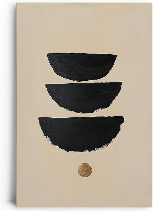 Paul Sinus 60x90cm Wandbild, Edle Harmonie in Fokusbalance – schwarze Schalen und goldener Kreis im Gleichgewicht