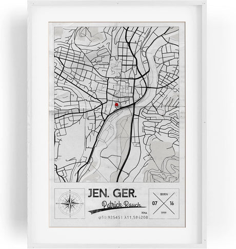 Paul Sinus Bilderrahmen einzigartiger Stadtplan mit deinen GPS Koordinaten und Namen. 30cm x 42cm Holz Wechselrahmen mit Glas und Passepartout. Geschenkidee. Vintage (ohne Rahmen)