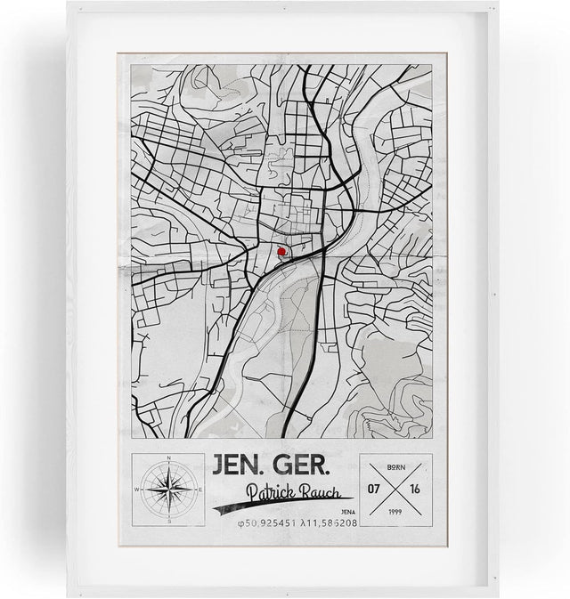 Paul Sinus Bilderrahmen einzigartiger Stadtplan mit deinen GPS Koordinaten und Namen. 30cm x 42cm Holz Wechselrahmen mit Glas und Passepartout. Geschenkidee. Vintage (ohne Rahmen)
