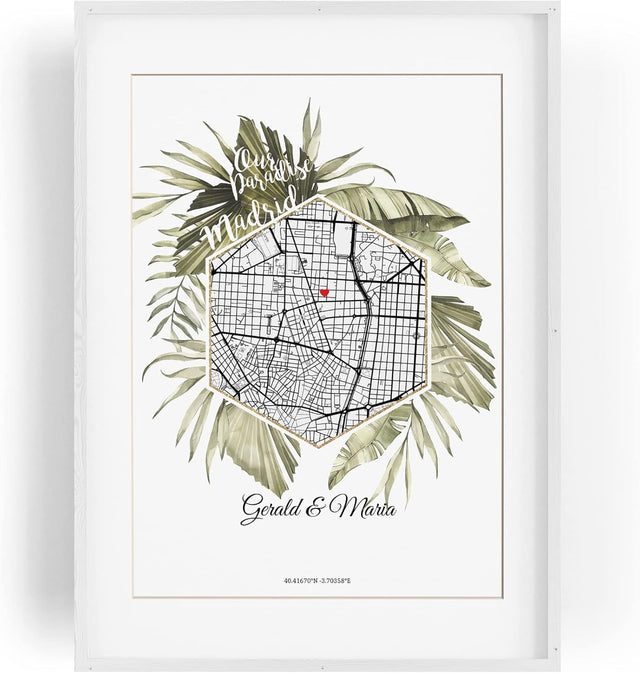 Paul Sinus Gerahmtes Wandbild Map mit deinen GPS Koordinaten und Namen. 30cm x 42cm Rahmen mit Stadtkarte selbstgestaltet. Ganz individuell. (ohne Rahmen)