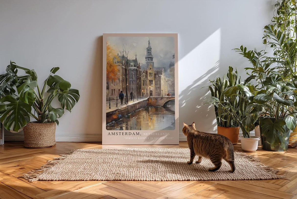 Paul Sinus Kunstdruck 40x60cm Amsterdam Netherlands – Malerische Altstadt an Gracht in herbstlichem Licht mit künstlerischem Flair