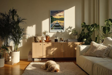 Paul Sinus Kunstdruck 40x60cm Appalachian Lake mit Sonnenuntergang – Naturidylle mit Kanu in ruhigem Wasser