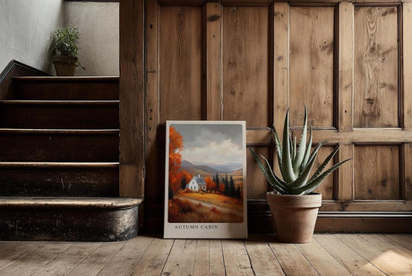 Paul Sinus Kunstdruck 40x60cm Autumn Cabin – Weißes Haus in herbstlicher Landschaft mit goldroten Wäldern und weiter Aussicht
