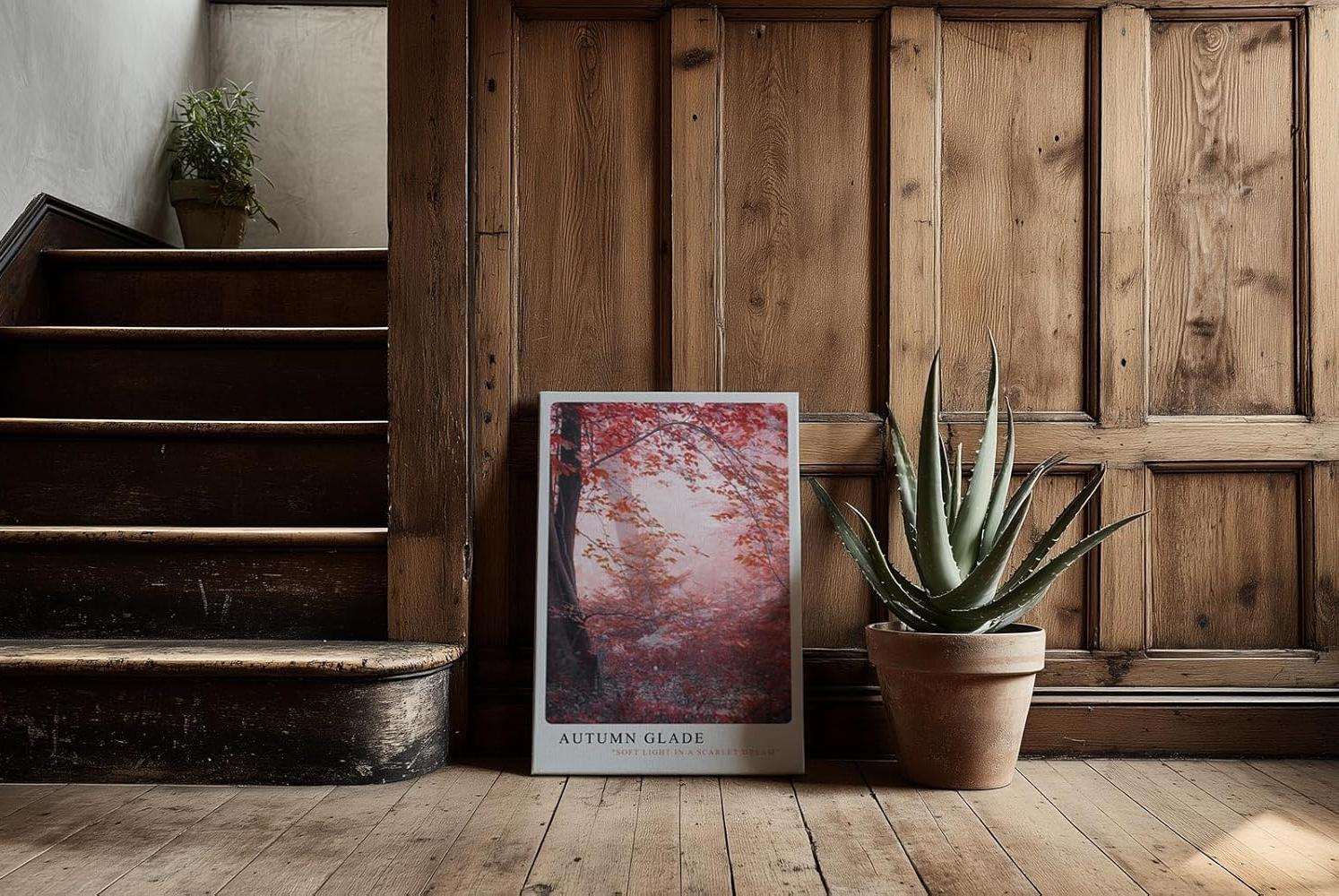 Paul Sinus Kunstdruck 40x60cm Autumn Glade – Waldlandschaft in Rot und Rosa mit Nebelstimmung und herbstlichem Licht