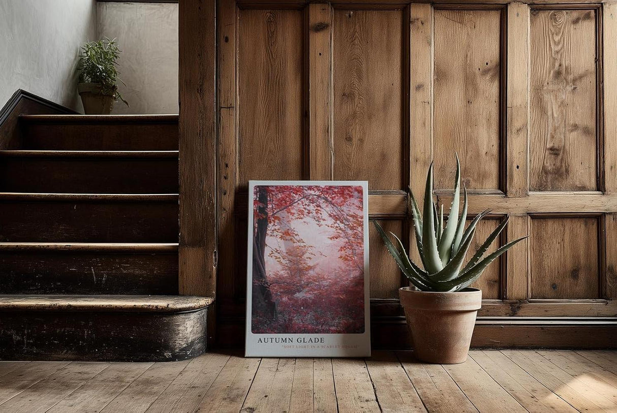 Paul Sinus Kunstdruck 40x60cm Autumn Glade – Waldlandschaft in Rot und Rosa mit Nebelstimmung und herbstlichem Licht
