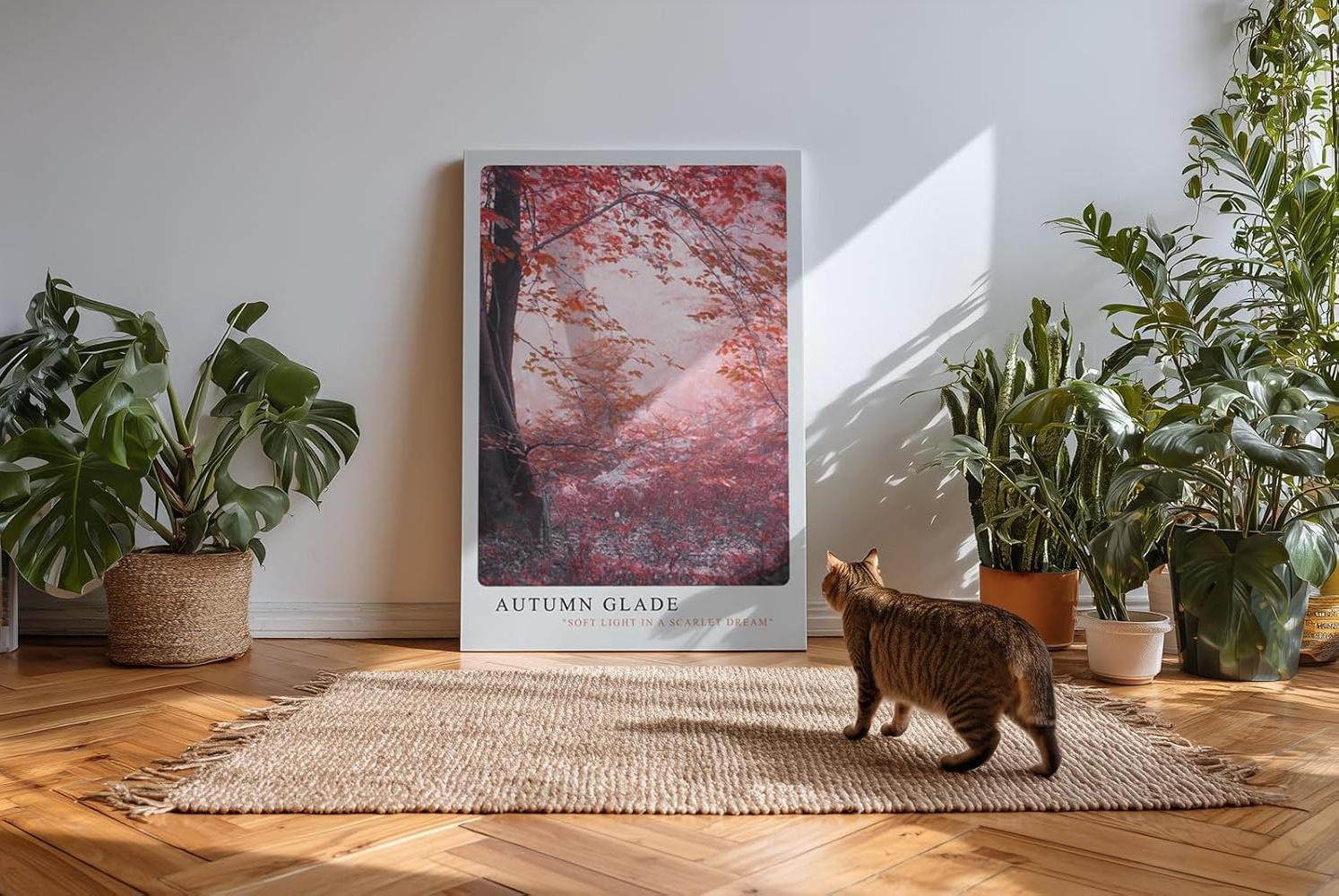 Paul Sinus Kunstdruck 40x60cm Autumn Glade – Waldlandschaft in Rot und Rosa mit Nebelstimmung und herbstlichem Licht