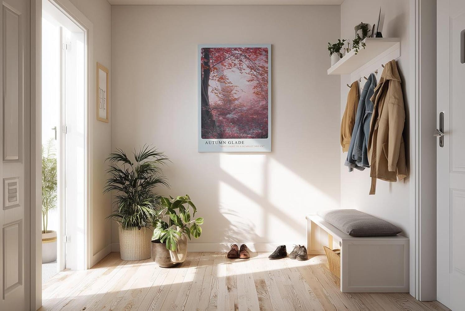 Paul Sinus Kunstdruck 40x60cm Autumn Glade – Waldlandschaft in Rot und Rosa mit Nebelstimmung und herbstlichem Licht